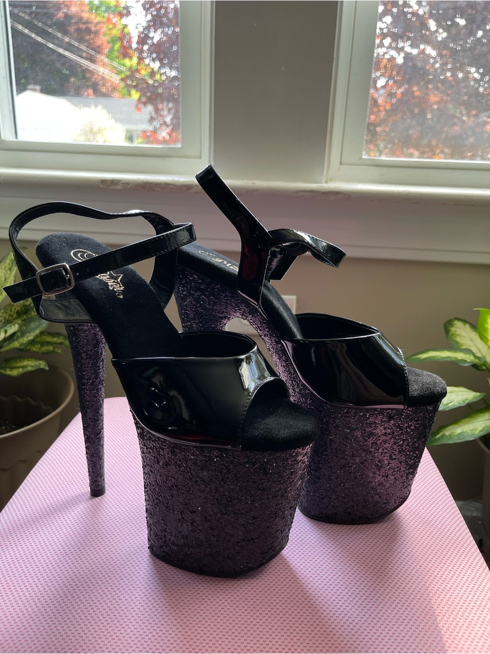 Pleaser Flamingo-809GP Black Glitter Platform Sandals - 8 Inch Heel
